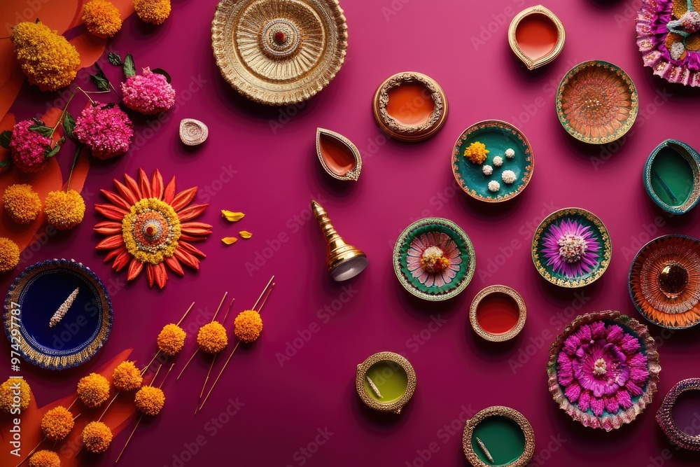 Festive Diwali Knolling Arrangement with Decorative Diyas, Flowers, and Rangoli Patterns - Perfect for Holiday Design and Posters Festive Diwali Knolling Arrangement with Decorative Diyas, Flowers, and Rangoli Patterns - Perfect for Holiday Design and Posters
