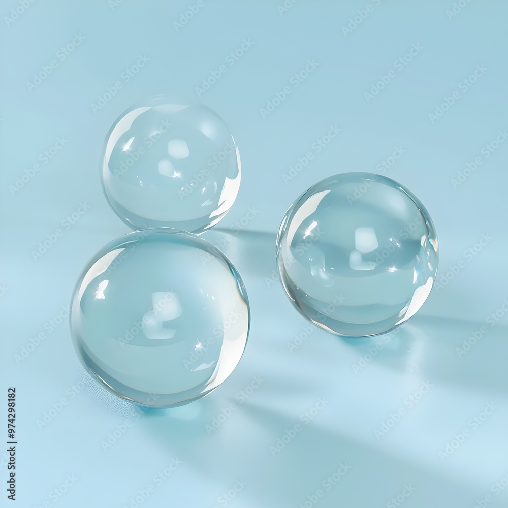 Three Transparent Glass Beads on Soft Blue Studio Background Three Transparent Glass Beads on Soft Blue Studio Background