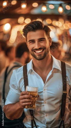 A cheerful man holding a beer, wearing a white shirt and suspenders, standing in a festive outdoor setting with string lights and soft focus crowd in the background.