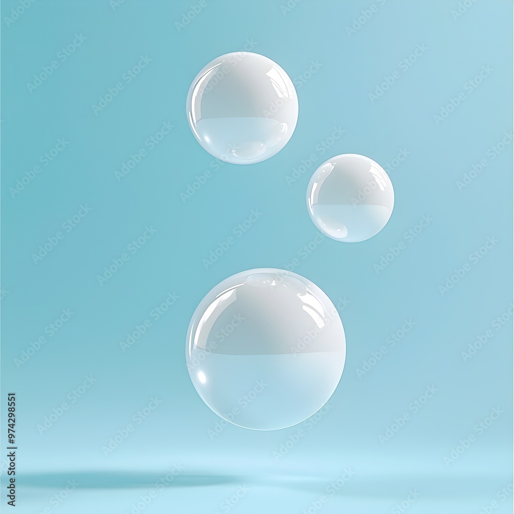 Three Opaque Floating Beads in Varying Sizes Against Soft Blue Background Three Opaque Floating Beads in Varying Sizes Against Soft Blue Background