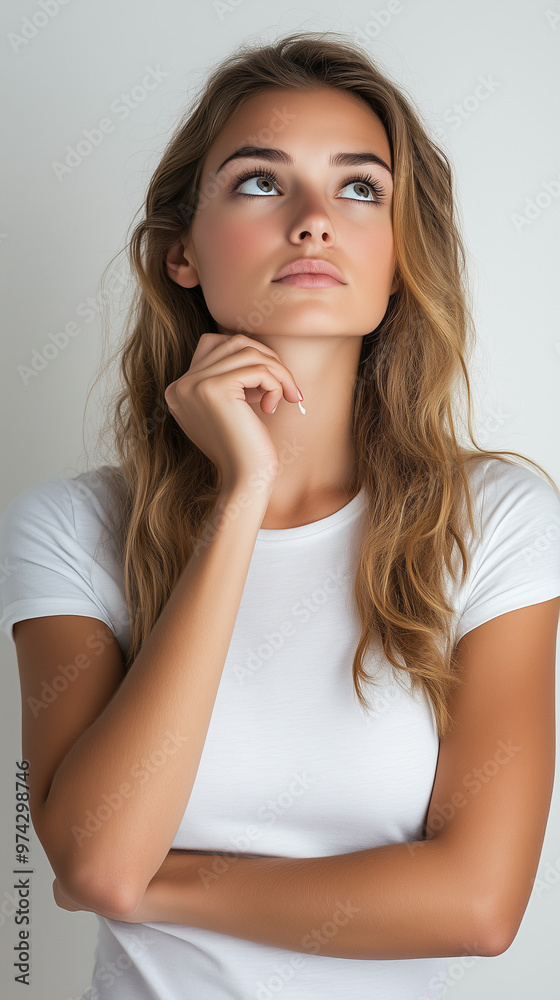 Pensive Young Woman Looking Upward in Deep Thought Pensive Young Woman Looking Upward in Deep Thought