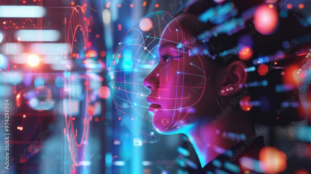 Fototapeta premium A futuristic profile of a woman with digital data and glowing graphics. Technology blends with human emotions and thoughts.