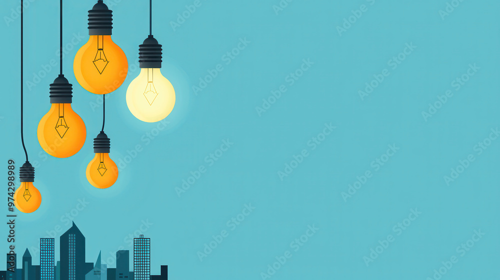 A vibrant illustration of hanging light bulbs against a turquoise backdrop, perfect for modern design projects and creativity. A vibrant illustration of hanging light bulbs against a turquoise backdrop, perfect for modern design projects and creativity.
