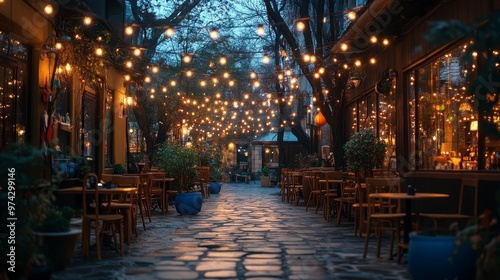 A cozy outdoor dining area illuminated by string lights during dusk.