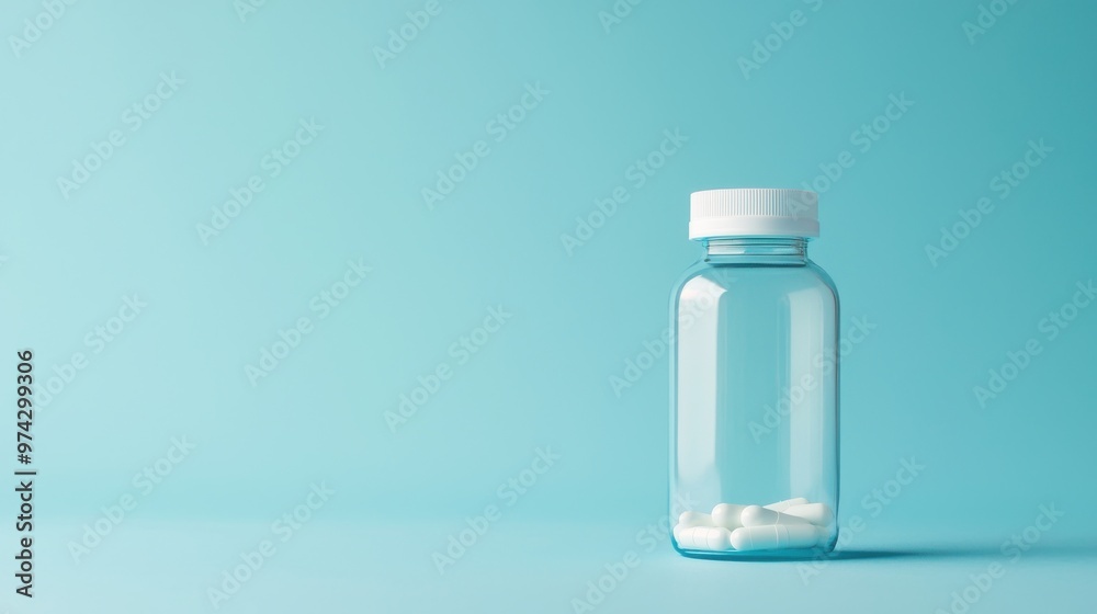Isolated capsule bottle placed on a minimalist blue background, providing ample space for additional design elements Isolated capsule bottle placed on a minimalist blue background, providing ample space for additional design elements