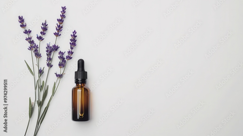 A minimalist close-up of a lavender sprig and a homeopathic dropper bottle, isolated on a sleek white background with ample space for additional design elements A minimalist close-up of a lavender sprig and a homeopathic dropper bottle, isolated on a sleek white background with ample space for additional design elements