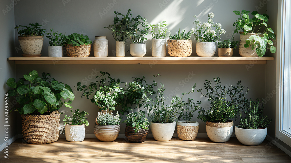 Stylish Shelf Display of Potted Herbs and Plants Sunlit Indoor Greenery Stylish Shelf Display of Potted Herbs and Plants Sunlit Indoor Greenery