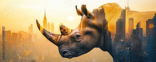 Realistic rhino s face blending with a towering city skyline at dusk close up