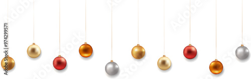 Christmas golden, red and silver balls with shadow on transparent background. Christmas toys. Luxurious hanging trinkets with ribbon. Festive glitter design elements. Vector illustration EPS 10