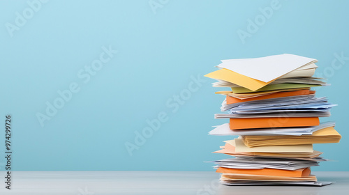 A colorful stack of papers and documents is neatly arranged on light wooden surface against soft blue background, creating sense of organization and productivity.