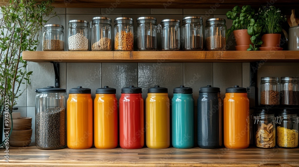 A kitchen shelf displaying jars and colorful containers for organizing food items.