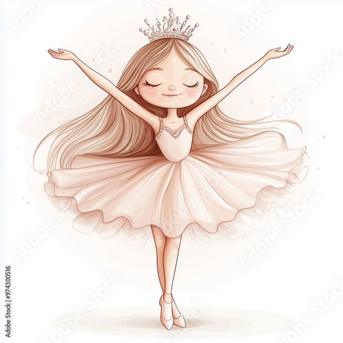 A joyful young ballerina in a pink tutu gracefully dances with arms outstretched