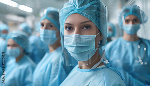 doctors team and nurses standing in the hospital. Group portrait highlights the clinic medical staff, showcasing teamwork and dedication to healthcare