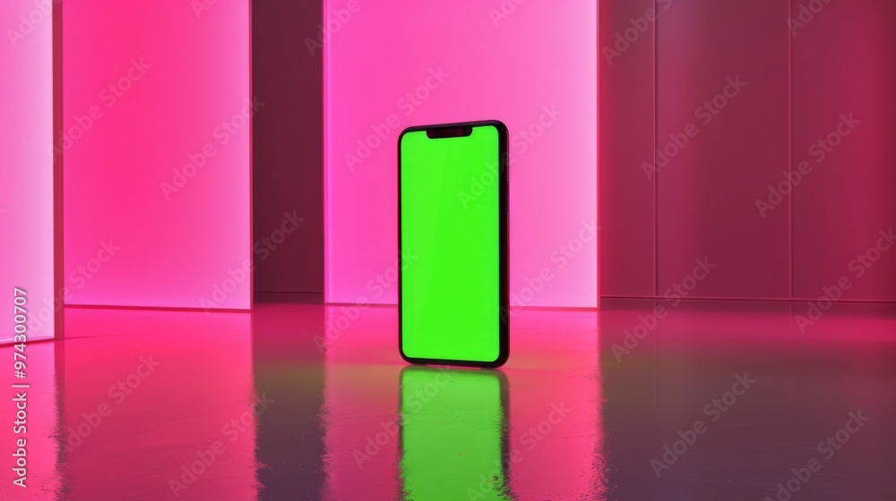 Smartphone with a bright green screen glowing in a vibrant, modern setting. Perfect for tech and digital content. Smartphone with a bright green screen glowing in a vibrant, modern setting. Perfect for tech and digital content.