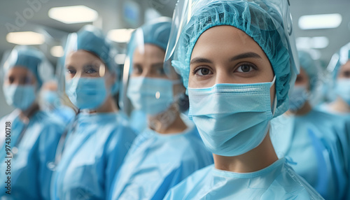 doctors team and nurses standing in the hospital. Group portrait highlights the clinic medical staff, showcasing teamwork and dedication to healthcare