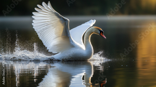 A swan spreads its wings while landing on the water surface, creating splashes around it. The bird's reflection and soft evening light evoke a tranquil atmosphere