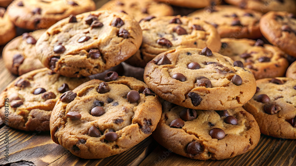 Appetizing cookies with chocolate chips on a wooden table Appetizing cookies with chocolate chips on a wooden table