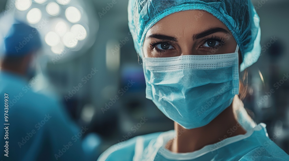 Healthcare worker wearing a surgical mask and gloves, preparing for an operation in a sterile, bright setting Healthcare worker wearing a surgical mask and gloves, preparing for an operation in a sterile, bright setting