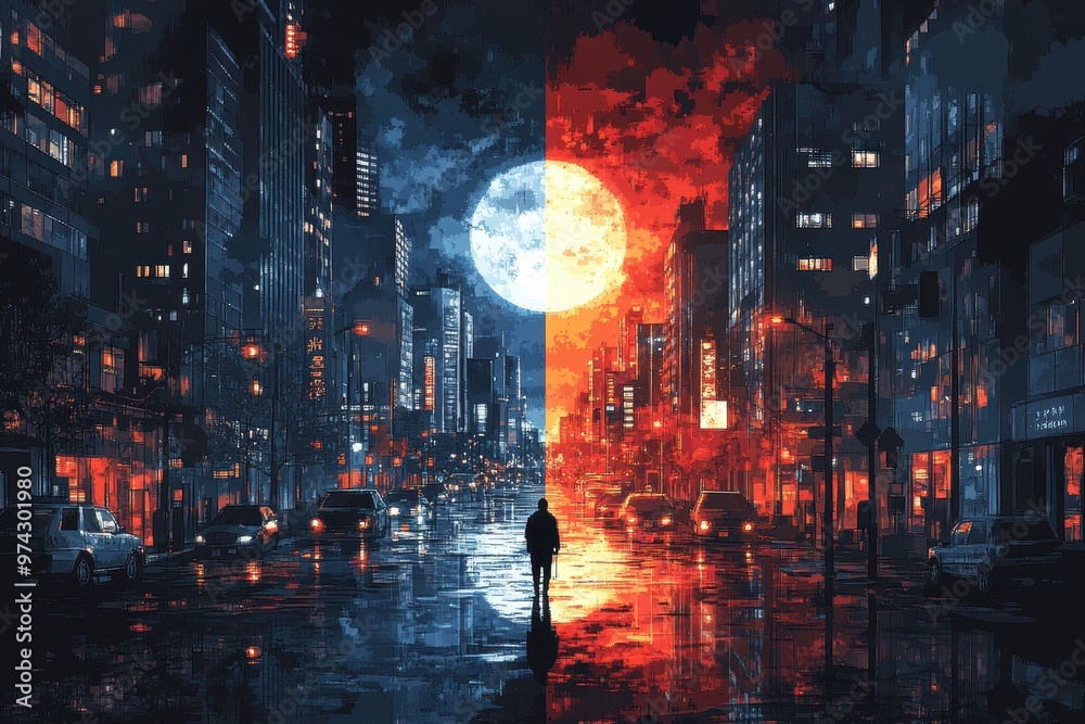 Obraz premium Pixelated Day-Night Split in Retro Video Game Scene with Copy Space | Illustration in Dynamic Silhouette Style