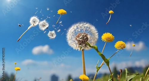 Dandelion flower with seeds flying away by wind at blue sky landscape  background  photo