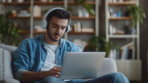 Arab man with wireless headphones at home in the living room watching educational videos on a laptop. Middle Eastern man listens to podcasts, enjoys relaxing at laptop