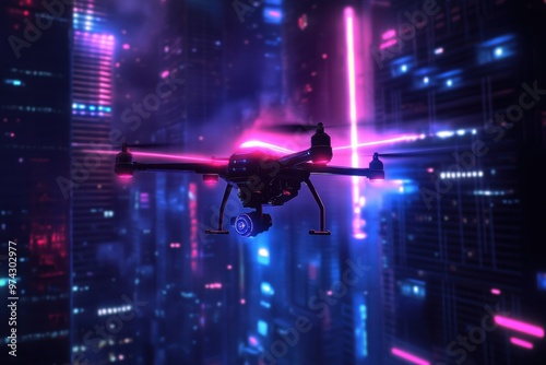 A futuristic drone emits a guiding beam of light as it flies through a dark