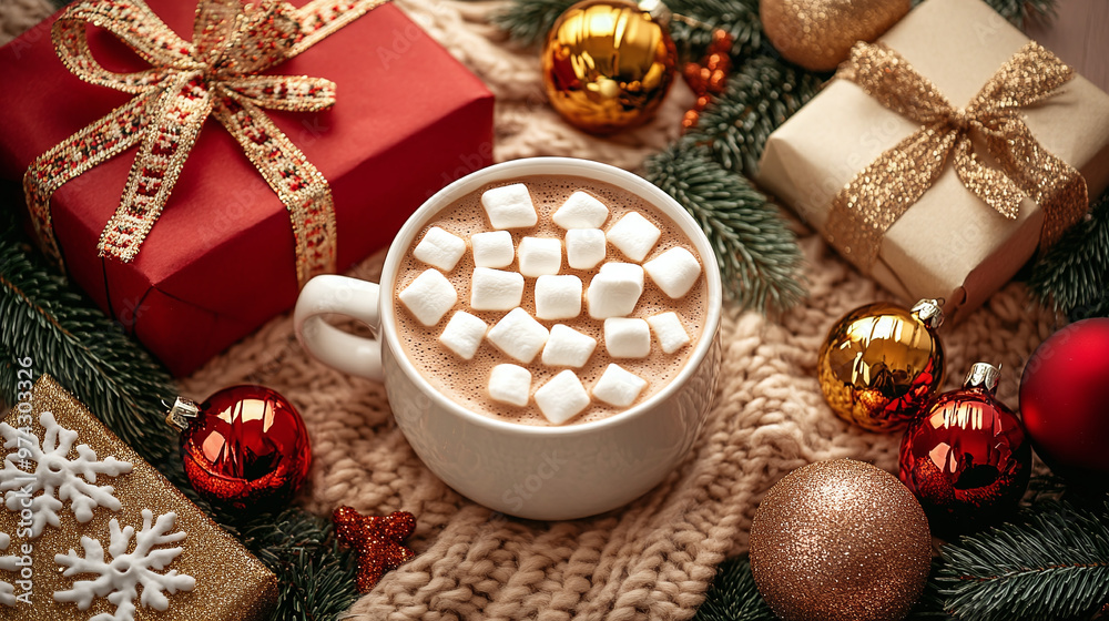 Christmas background. Cup of hot chocolate with marshmallows, Christmas decorations and gift, cozy knitted sweater and fir branches flat lay