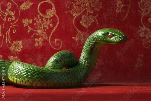 Traditional Wooden Green Snake Art on Ornate Red Background for Chinese Celebration Posters