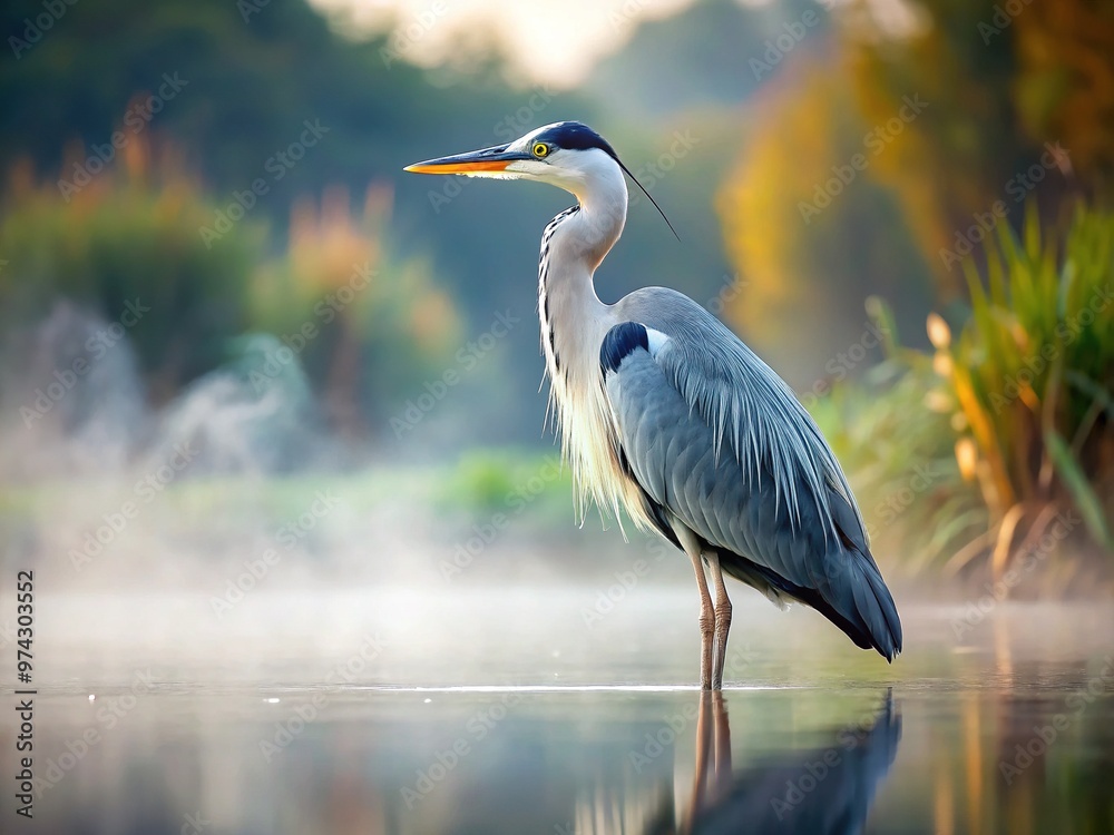 A majestic grey heron perches on a misty lake's edge, feathers ruffled, gazing intently at the water's surface, its slender neck a gentle curve. A majestic grey heron perches on a misty lake's edge, feathers ruffled, gazing intently at the water's surface, its slender neck a gentle curve.