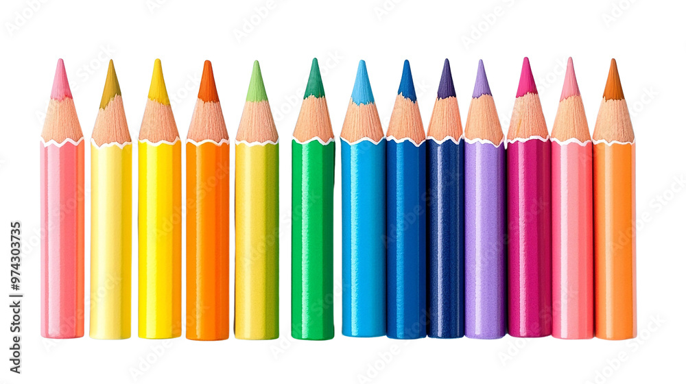 A vibrant collection of colorful pencils arranged in a row A vibrant collection of colorful pencils arranged in a row