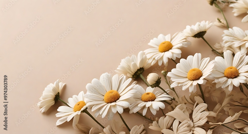 Obraz premium Elegant aesthetic chamomile daisy flowers pattern on neutral beige background with copy space 