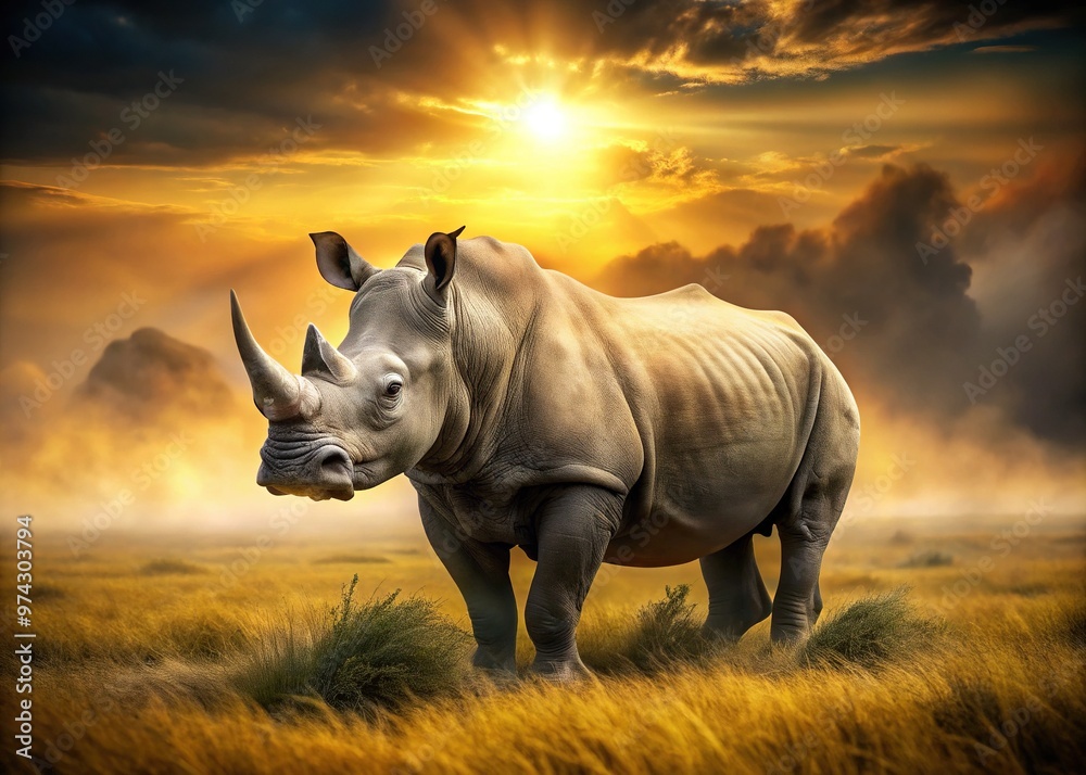 Obraz premium A majestic rhino stands strong, its armor-like skin glistening in golden light, symbolizing resilience, protection,