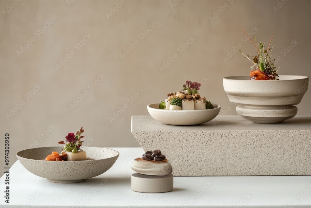 A minimalist display of elegantly arranged gourmet dishes on textured surfaces.