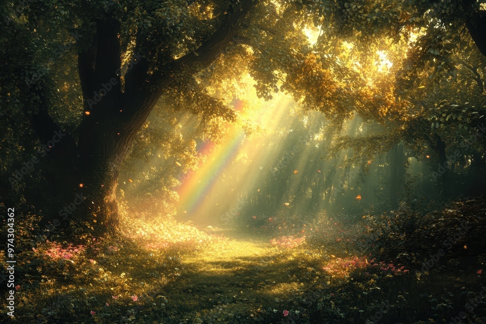 Dreamy Pixelated Wildlife in Whimsical Retro Forest with Rainbow - Ethereal Manipulation Finish for Copy Space