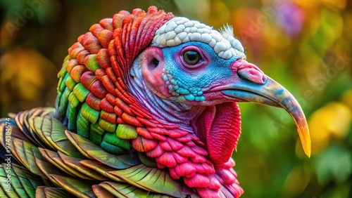 A unique, bald, and wrinkled turkey stands proudly, showcasing its rare genetic trait, with vibrant feathers on its head and neck contrasting its otherwise bare skin. photo