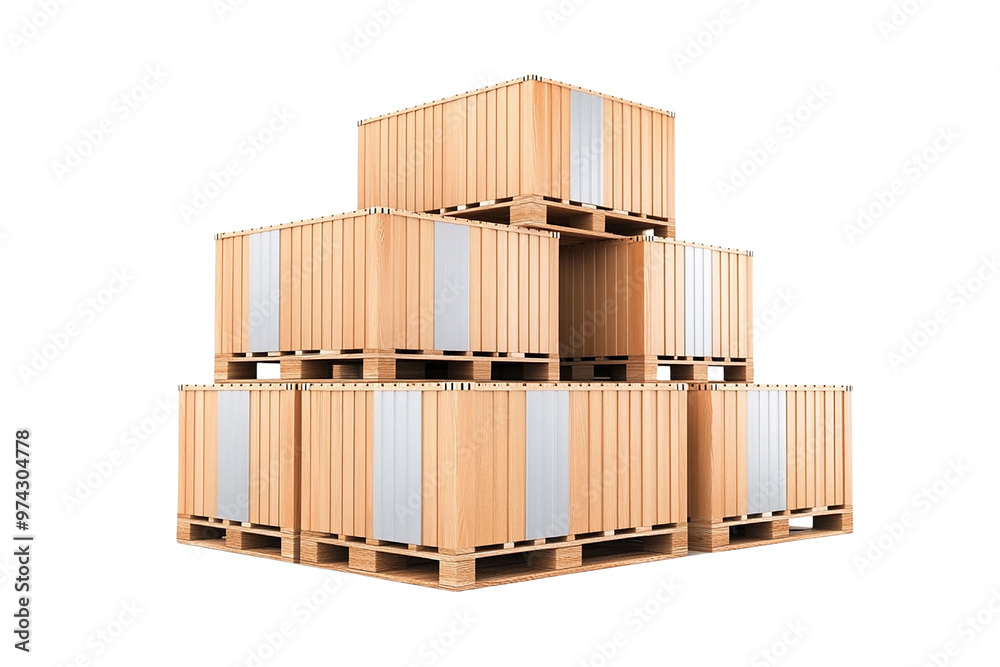Stacked wooden crates on pallets, ideal for storage, shipping, or industrial use. Stacked wooden crates on pallets, ideal for storage, shipping, or industrial use.
