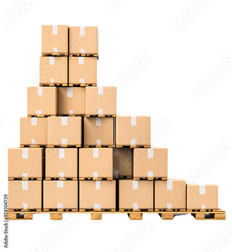 Stacked cardboard boxes on a wooden pallet, organized in a triangular formation