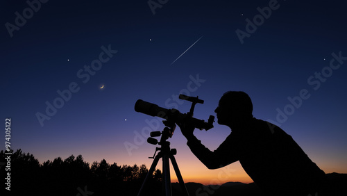 Amateur astronomer looking at the evening skies, observing planets, stars, Moon and other celestial objects with a telescope.