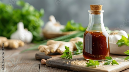 A bottle of teriyaki sauce with ginger and garlic in the background. photo