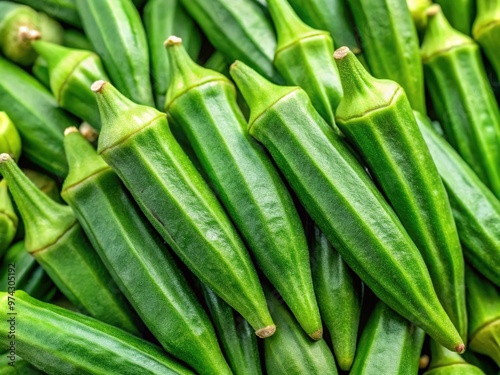 Close-Up Shot Of The Fresh Green Pods Of Lady Finger Fruit, Showing Their Ridges And Pointed Tips photo