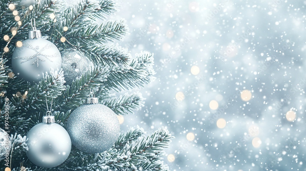 Fototapeta premium A beautifully decorated Christmas tree adorned with silver ornaments in a snowy winter setting during the festive season