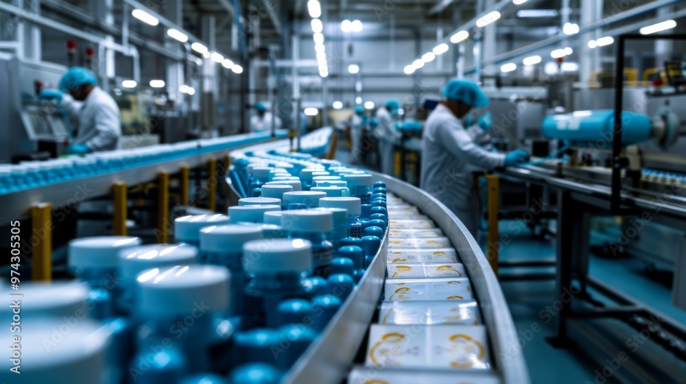 Modern factory production line with blue bottles and workers in white coats. Efficient manufacturing in action. Modern factory production line with blue bottles and workers in white coats. Efficient manufacturing in action.