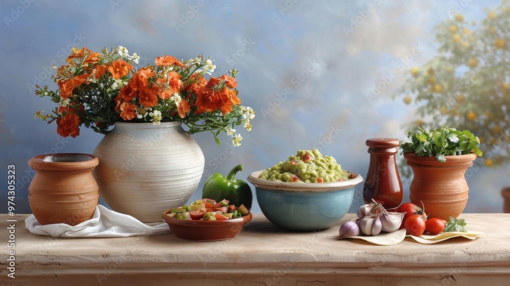 A Mexican fiesta table laden with various dishes, including guacamole. A Mexican fiesta table laden with various dishes, including guacamole.