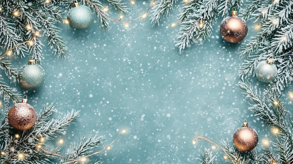 Festive decorative setup with ornaments and snowflakes on a blue background during the Christmas season Festive decorative setup with ornaments and snowflakes on a blue background during the Christmas season