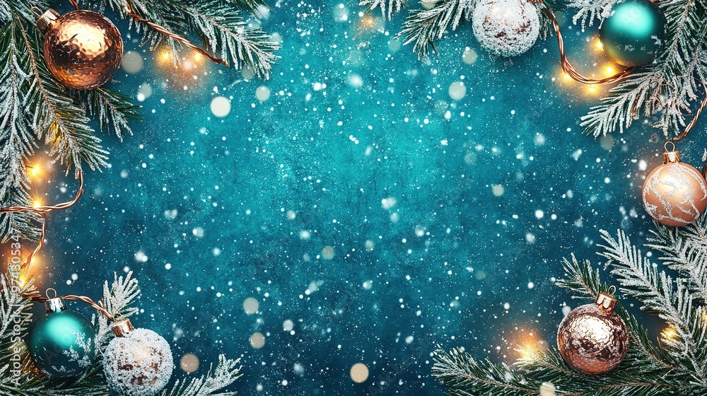 Festive holiday decorations with sparkling ornaments and snowflakes on a teal background showcasing a wintry atmosphere