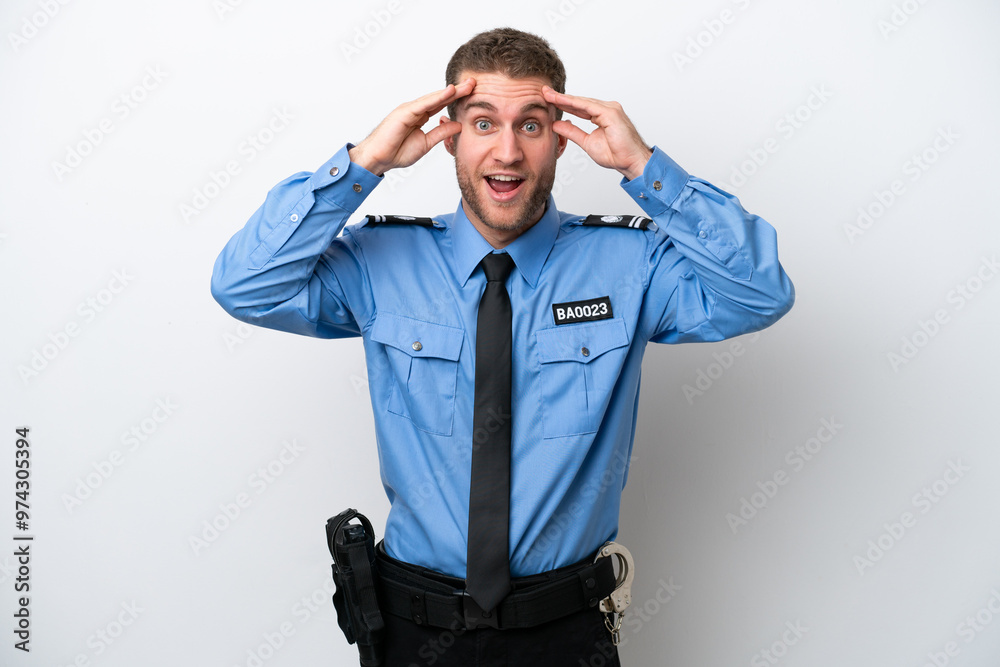 Young police caucasian man isolated on white background with surprise expression Young police caucasian man isolated on white background with surprise expression