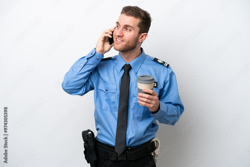 Young police caucasian man isolated on white background holding coffee to take away and a mobile Young police caucasian man isolated on white background holding coffee to take away and a mobile