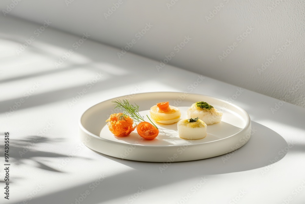 A minimalist plate featuring delicate appetizers garnished with herbs. A minimalist plate featuring delicate appetizers garnished with herbs.