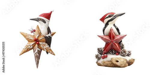 Festive woodpecker figurines adorned with holiday decorations, perfect for seasonal home decor and Christmas celebrations. photo