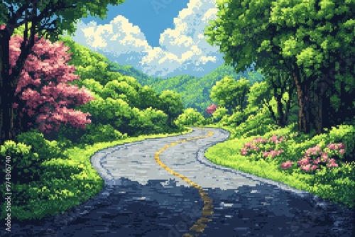 Pixelated Road Adventure in Retro Game Landscape